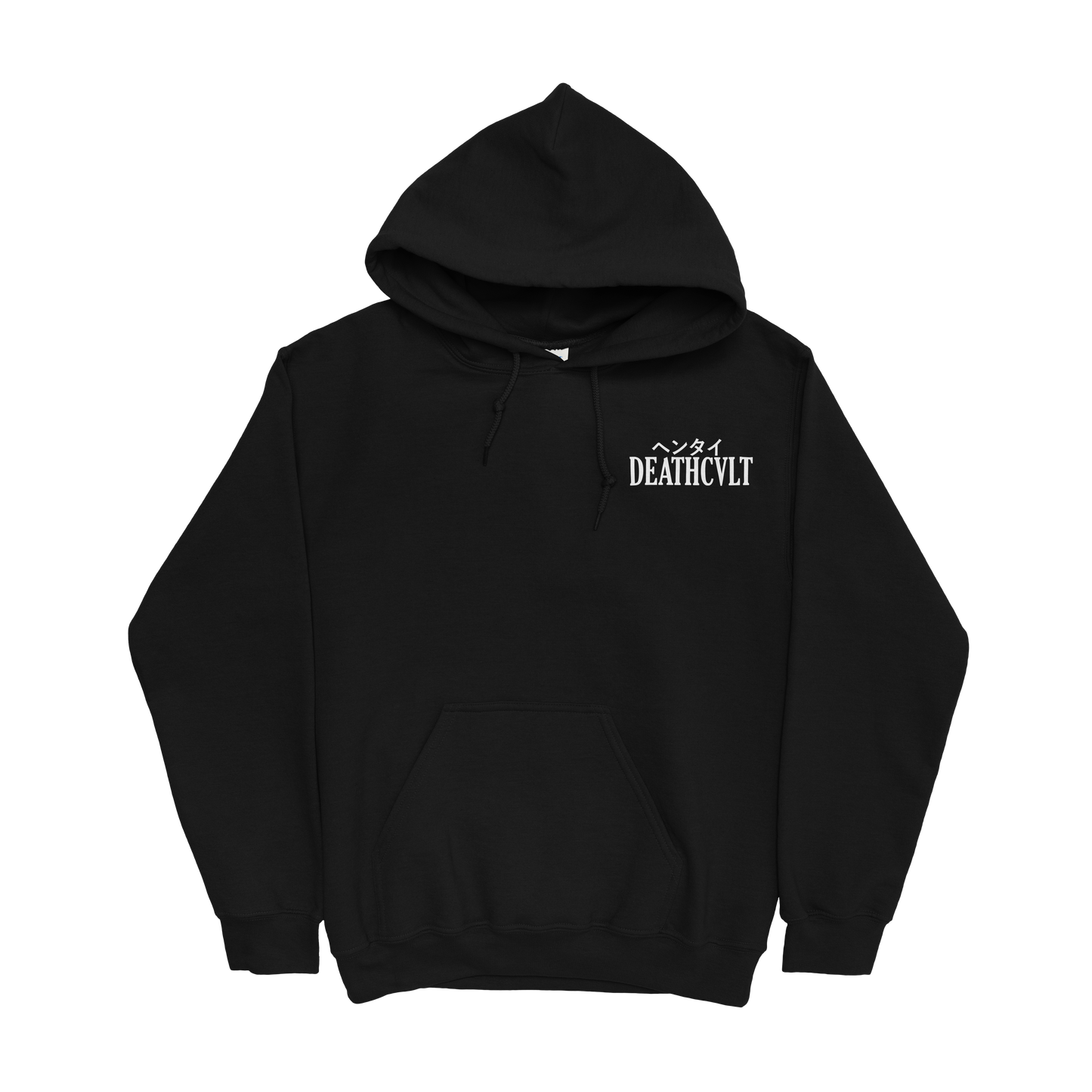 A black hoodie featuring a chest print in hiragana and english